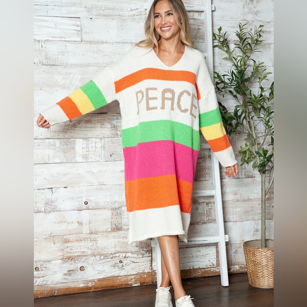 Luxury on a Dime Colourful PEACE knit jumper dress